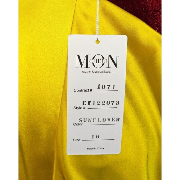 NWT Ellie Wilde Mon Cheri Sunflower Yellow Satin Long Prom Dress Size 16 1751 - Picture 12 of 16